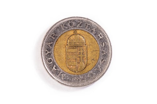 Preview: Closeup of Hungarian national currency, a 100 forint coin isolated on a white background