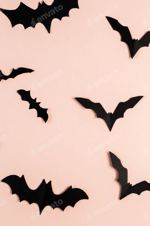 Preview: Halloween concept. Bats and spiders on pink background. Festive decorations.