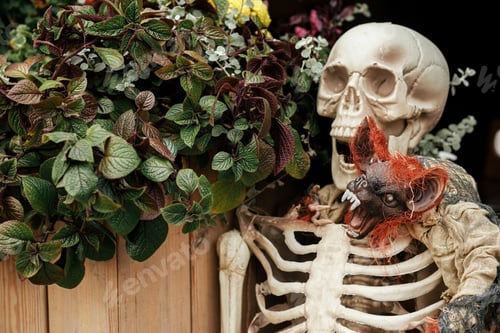 Preview: Scary skeleton, evil bat vampire in city street, holiday decoration. Trick or treat. Happy halloween