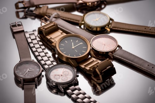 Preview: selective focus of luxury wristwatches on grey background