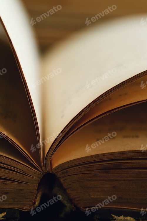 Detailed Close-Up of Open Aged Book Pages