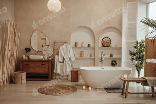 Preview: Luxury interior of big bathroom at modern african style with oval bathtub in natural lighting
