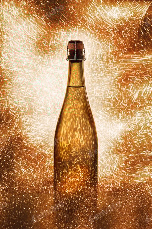 Preview: Champagne bottle near sparkling lights on orange background
