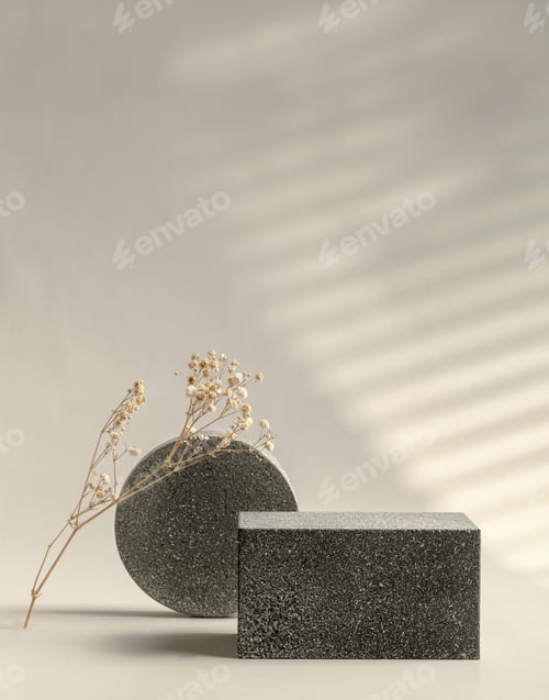 Preview: Minimal stone stage product display with sunlight from window