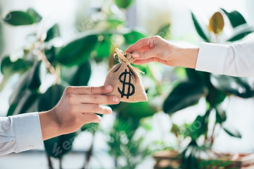 Preview: partial view of people holding sackcloth bag with dollar sign in hands