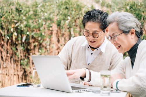 Preview: Senior Couple using laptop in the yard