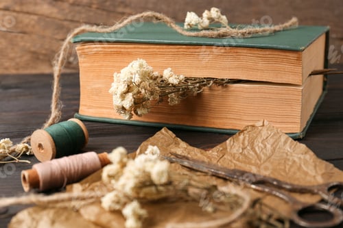 Preview: Book with flowers as bookmark on wooden table, closeup