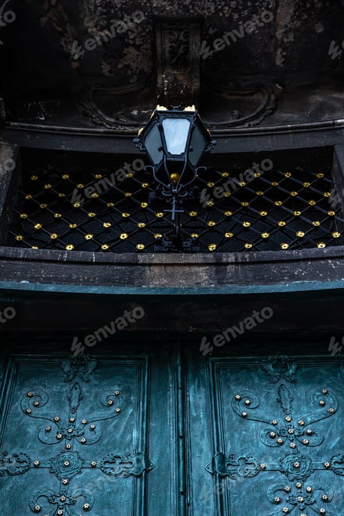 Preview: Ancient doors in the cathedral, turquoise old doors.