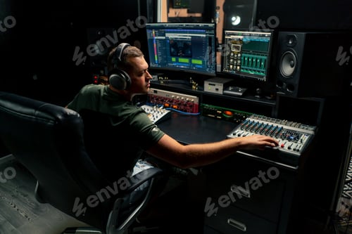 Preview: a focused male sound engineer wearing headphones sits at a mixing desk recording a new track