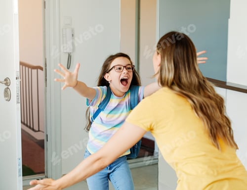 Preview: child mother daughter backpack house education school family student welcome hug together love woman