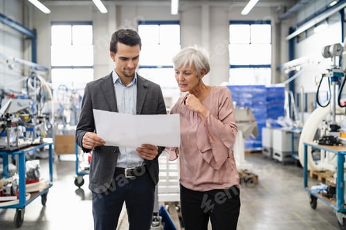 Preview: Businessman and senior woman looking at plan in a factory