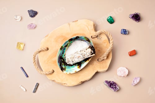 Preview: Smudge kit with white sage stick, abalone sea shell. Natural elements for cleansing negative energy