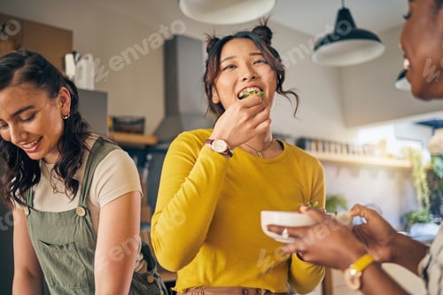 Preview: Women, friends and eating healthy food in home for bonding, nutrition and happy lunch together. Fru