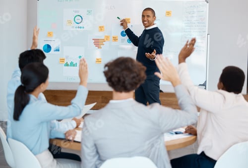Preview: Question, presentation or business man training workshop for teamwork, coaching or collaboration fo