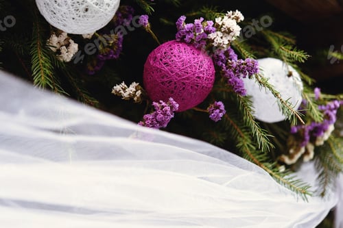Preview: stylish decorated place with flowers and ribbons at the reception in a restaurant