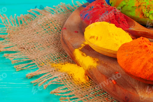 Preview: Vibrant Holi powder colors arranged in spoons