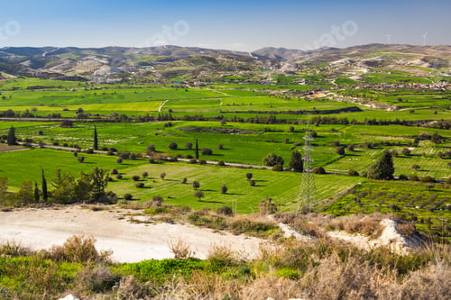 Preview: Summer landscape with green grass, road and mountains
