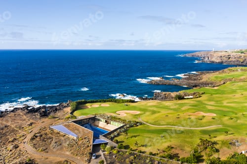 Preview: Golf course near the Atlantic ocean in Tenerife, Spain, green Golf course, tennis court in the