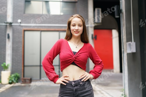 Preview: Portrait of attractive young happy woman sitting in cafe background. business woman.