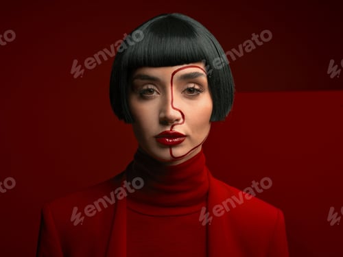 Preview: Woman, beauty and art in portrait, red aesthetic with fashion and art deco, makeup and shine isolat