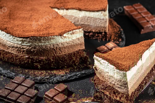 Preview: Freshly made delicious chocolate cake on a dark background. banner, menu, recipe place for text