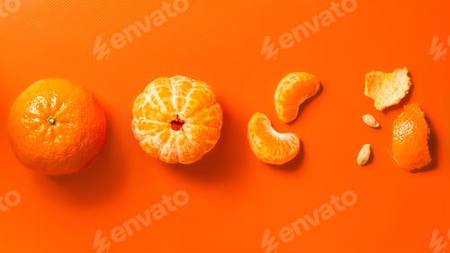 Preview: Tangerines on an orange background: whole, peeled, wedges and peels. Flat lay, banner