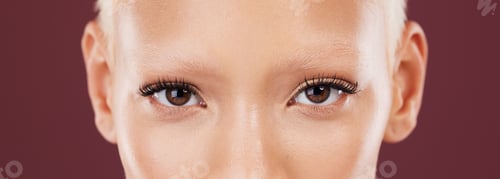 Preview: Portrait, woman eyes and beauty makeup with mascara and eyebrows bleached in a studio. Cosmetics, e
