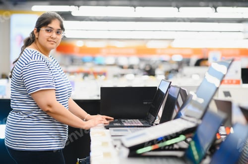 Preview: Smart modern female customer choosing laptop in the computer shop.