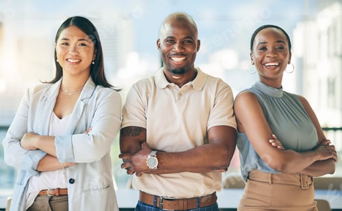 Preview: Happy, crossed arms and portrait of a business people in the office with confidence and happiness.