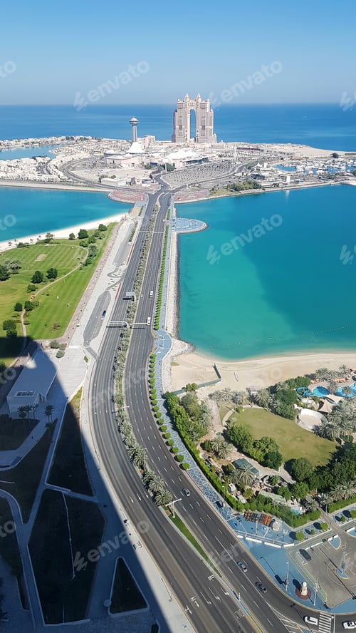 Preview: Vertical shot of Abu Dhabi island, turquoise seaside, aerial view, UAE