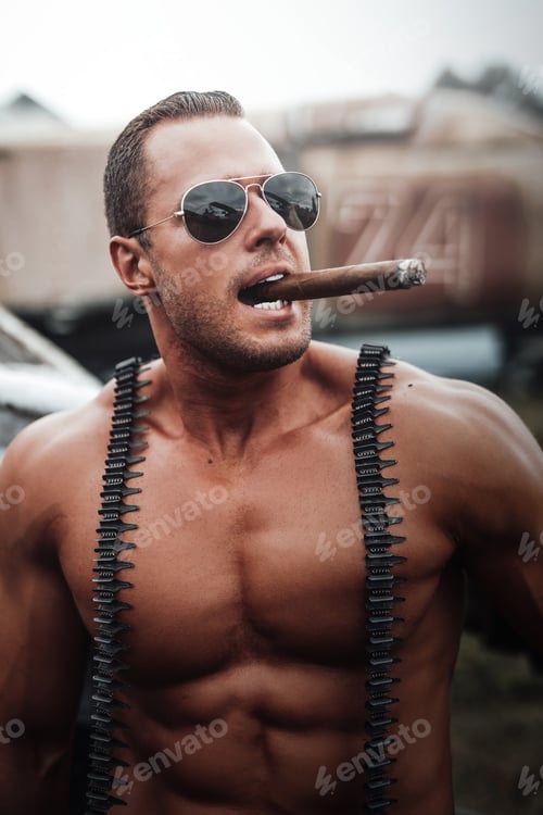 Preview: Fashionable military smoking near stationary war airplane