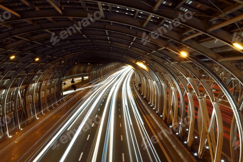 Preview: Light trails of cars in an illuminated tunnel