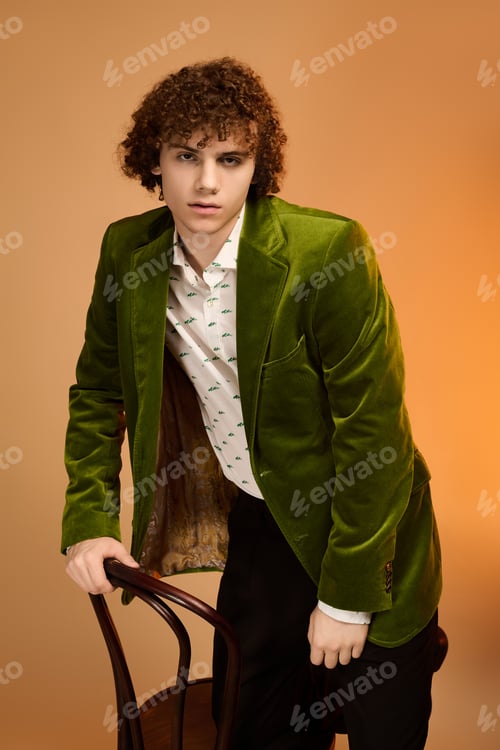 Preview: Curly teenager showcases style in a green velvet blazer in a studio setting