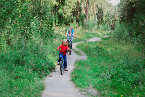Preview: Active Senior Grandmother With Kids Riding Bikes In Nature