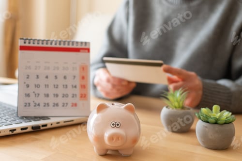 Preview: Person checking financial balance with piggy bank and calendar