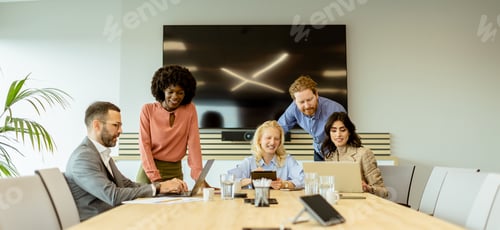 Preview: Collaborative team engaging in a creative brainstorming session office space