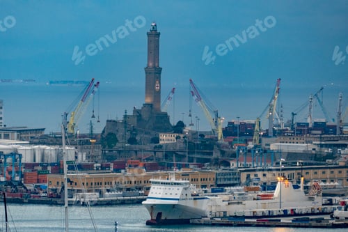 Preview: Ships and vessels and the coastal industrial area against the blue sky in the evening