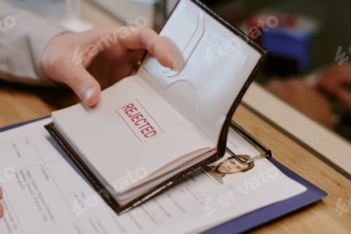 Preview: Hand Holding Open Passport Showing Rejected Stamp