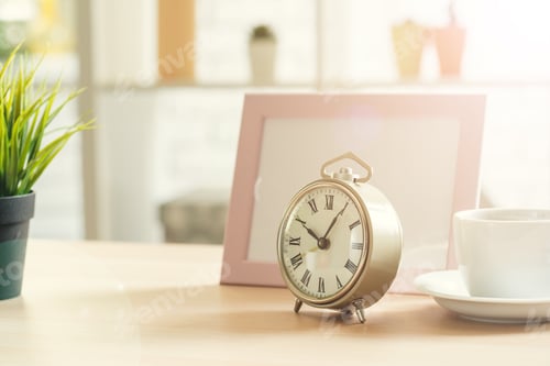 Preview: Old-fashioned alarm clock and house plant on wooden table