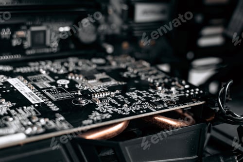 Preview: Close-up photo of dark circuit board of graphics card in desktop computer.