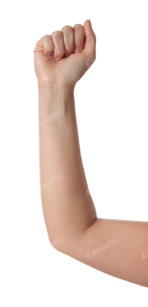 Preview: Playing rock, paper and scissors. Woman showing fist on white background, closeup