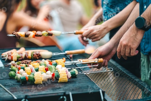 Preview: Group diverse friend having outdoors bbq party together, camping activity lifestyle in summer