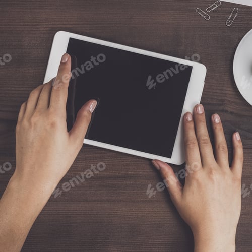 Preview: Women Hands With Tablet Computer And Coffee On Table