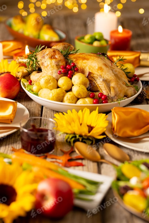 Preview: Close up of thanksgiving table with roast turkey, potatoes, candles and autumn decoration