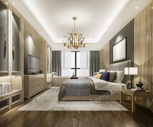 Preview: 3d rendering beautiful luxury chinese bedroom suite in hotel with tv