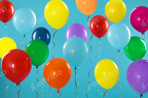 Preview: Bright balloons on color background. Celebration time