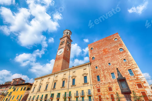 Preview: Breathtaking View Torre dei Lamberti clock tower of Palazzo della Ragione palace building in Verona