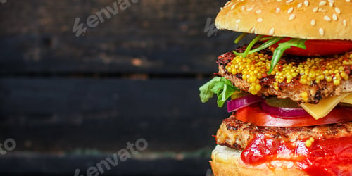 Preview: Burger Meat Cutlet Beef Steak, Tomato, Sauce And Lettuce (Tasty Meat Snack Sandwich) Menu Concept