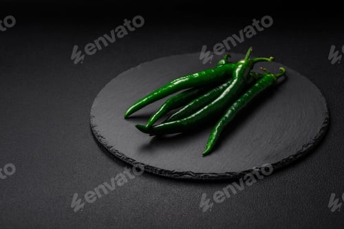 Preview: Fresh hot green chili peppers on a dark concrete background
