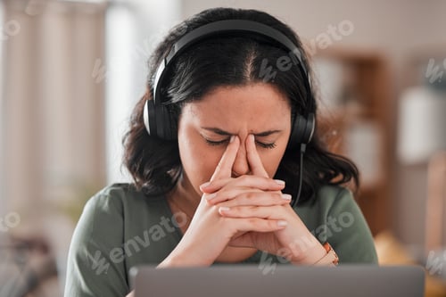 Preview: Call center, headache and woman stress, fatigue and communication mistake, error or crisis for work
